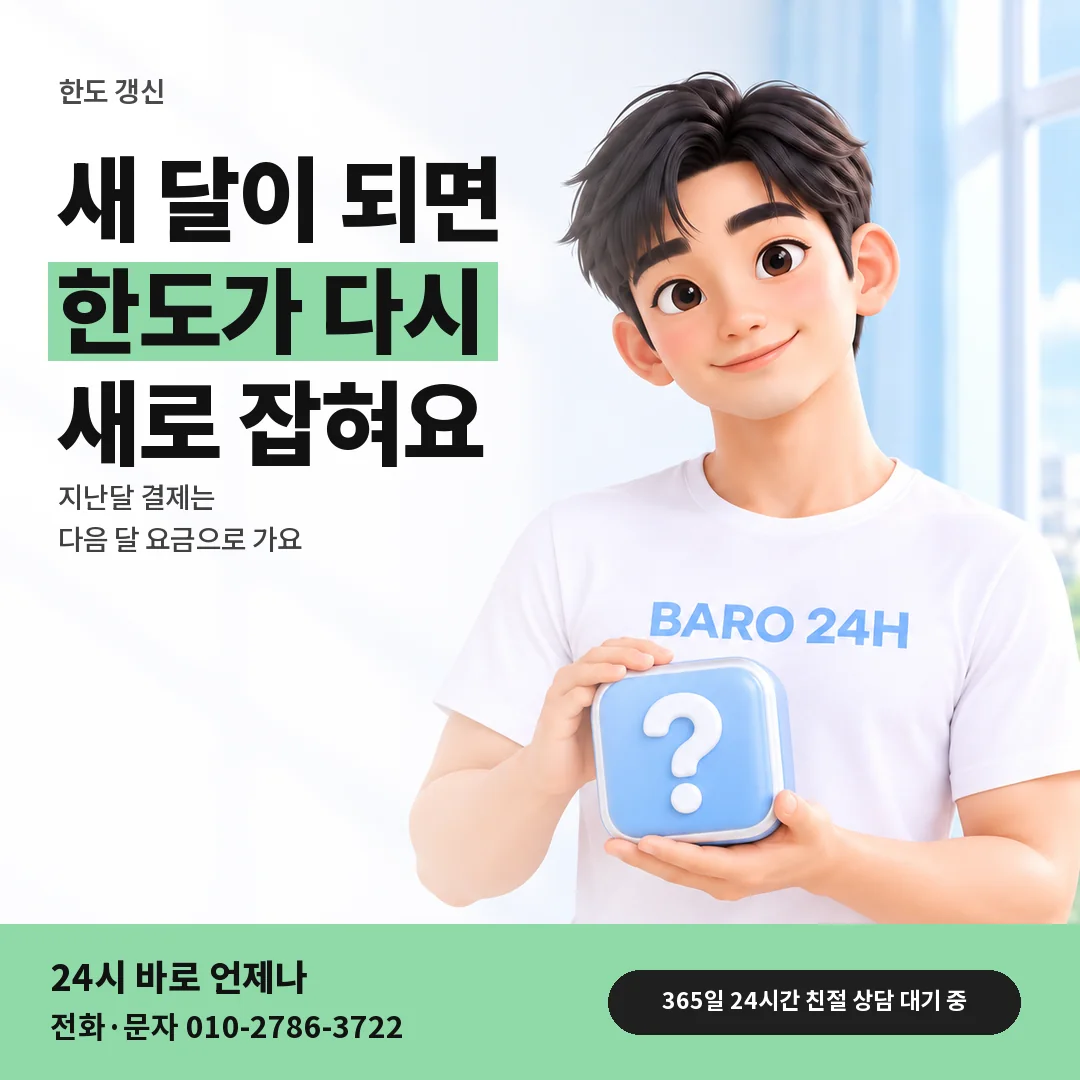 물음표 상자를 든 BARO 24H 티셔츠를 입은 3D 인물 옆에 「KT 매달 1일 갱신되는 한도」 제목을 얹은 안내 카드